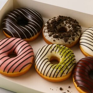 Gift box of six assorted glazed donuts including chocolate, cookies-and-cream, strawberry, pistachio and white chocolate