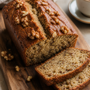 Banana walnut loaf tea cake topped with walnuts, sliced to show walnut-studded crumb, on a wooden board