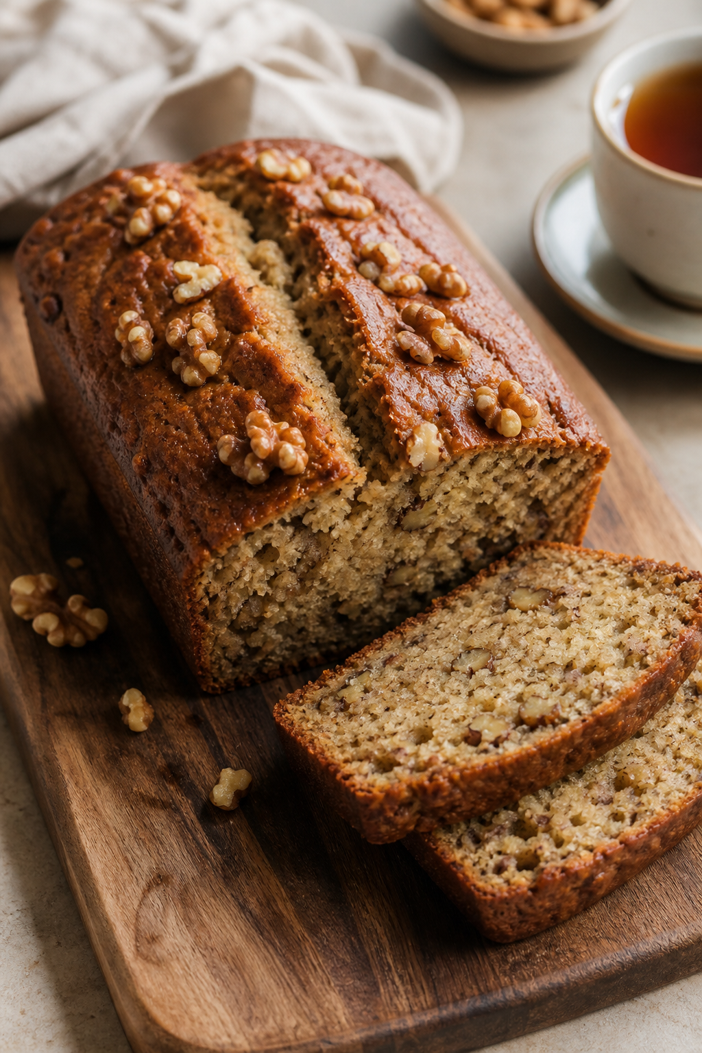 Banana walnut loaf tea cake topped with walnuts, sliced to show walnut-studded crumb, on a wooden board