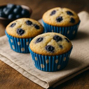 Freshly baked blueberry muffins in blue polka-dot cases on a linen napkin with a bowl of blueberries