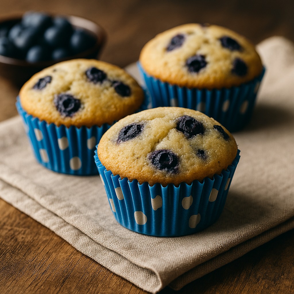 Freshly baked blueberry muffins in blue polka-dot cases on a linen napkin with a bowl of blueberries
