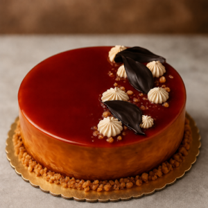 Butterscotch mirror-glazed cake with cream rosettes, dark chocolate leaves and caramel crunch on a gold board