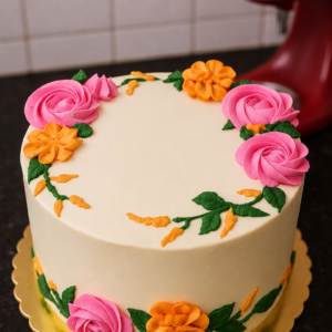 Ivory buttercream cassata cake decorated with piped pink roses, orange blossoms and green leaves on a gold board
