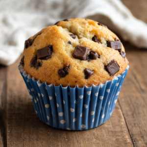Vanilla muffin studded with dark chocolate chunks in a blue polka-dot case on a wooden table