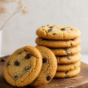 Soft-baked chocolate chip cookies stacked on a wooden board