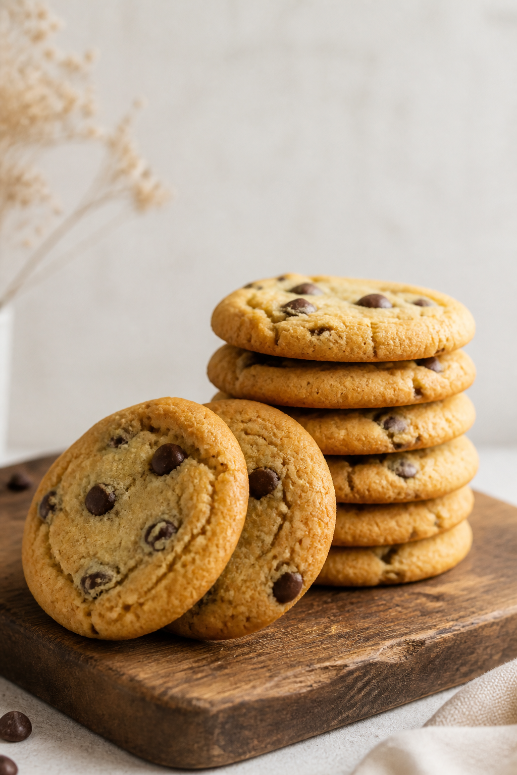 Soft-baked chocolate chip cookies stacked on a wooden board