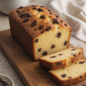Choco chip loaf tea cake with golden vanilla crumb and uneven chocolate chunks, sliced, on a wooden board