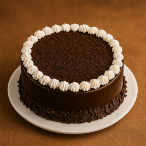 Chocolate cake with chocolate crumb top and cream border
