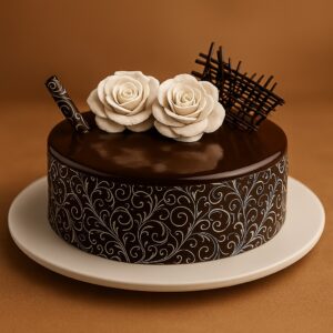 Chocolate mirror-glaze cake with white sugar roses and delicate white swirl piping on the sides