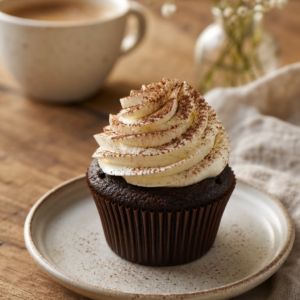 Chocolate cupcake with a swirl of vanilla buttercream dusted with cocoa on a cream plate