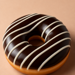 Chocolate glazed donut with white icing drizzle on a warm peach background