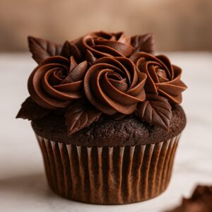 Chocolate cupcake topped with hand-piped chocolate buttercream roses and chocolate leaves