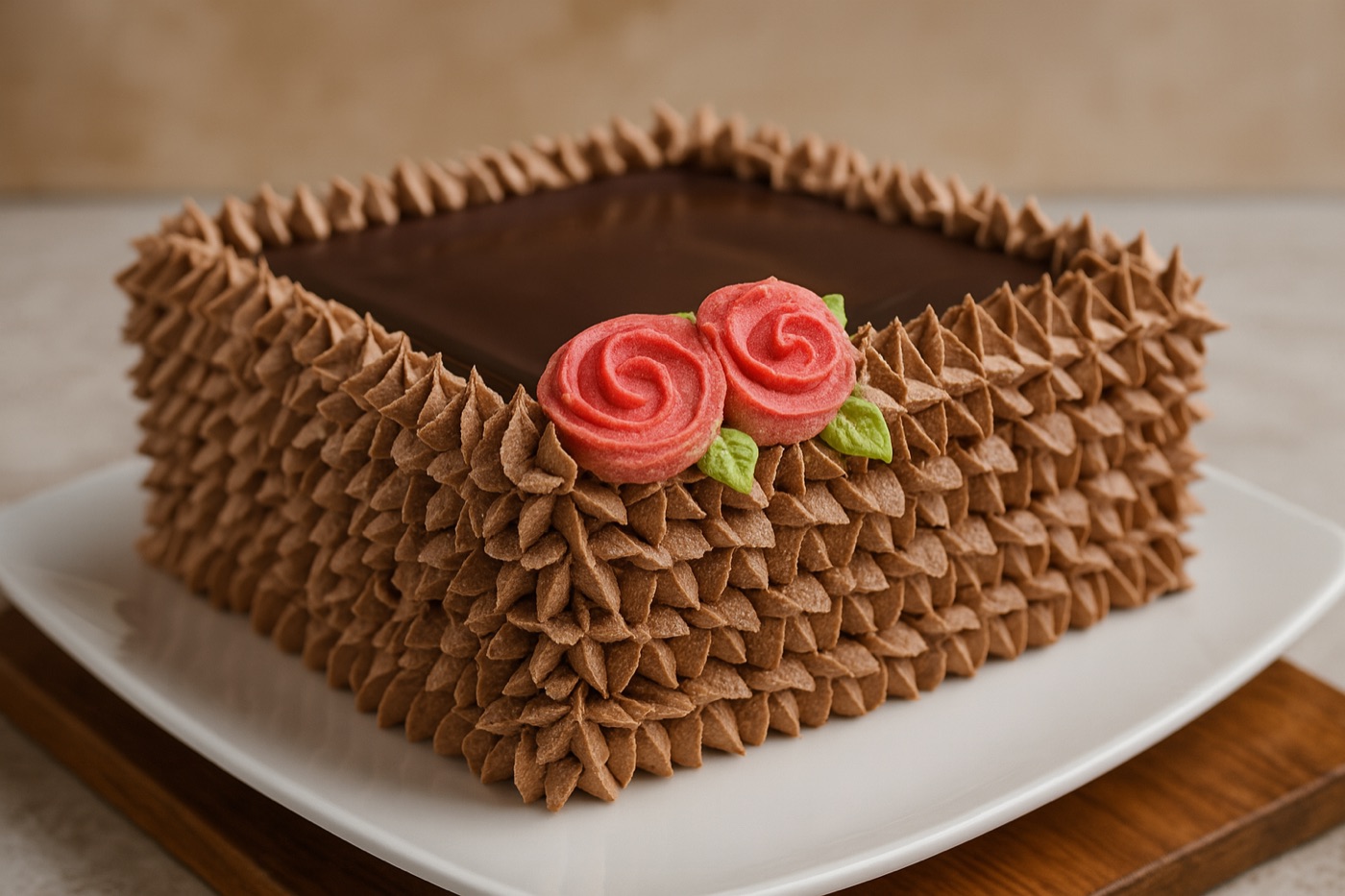Chocolate cake finished by hand