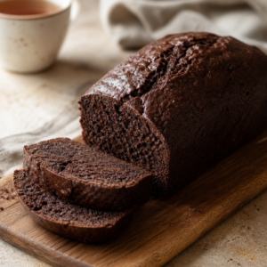 Chocolate loaf tea cake with moist dark crumb, sliced, on a wooden board