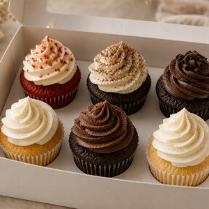Cupcake gift box with assorted classic swirl cupcakes — red velvet, chocolate, double chocolate and vanilla