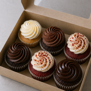 Kraft gift box with a clear window lid holding six assorted cupcakes including vivid red velvet, vanilla, chocolate and ganache buttercream swirls