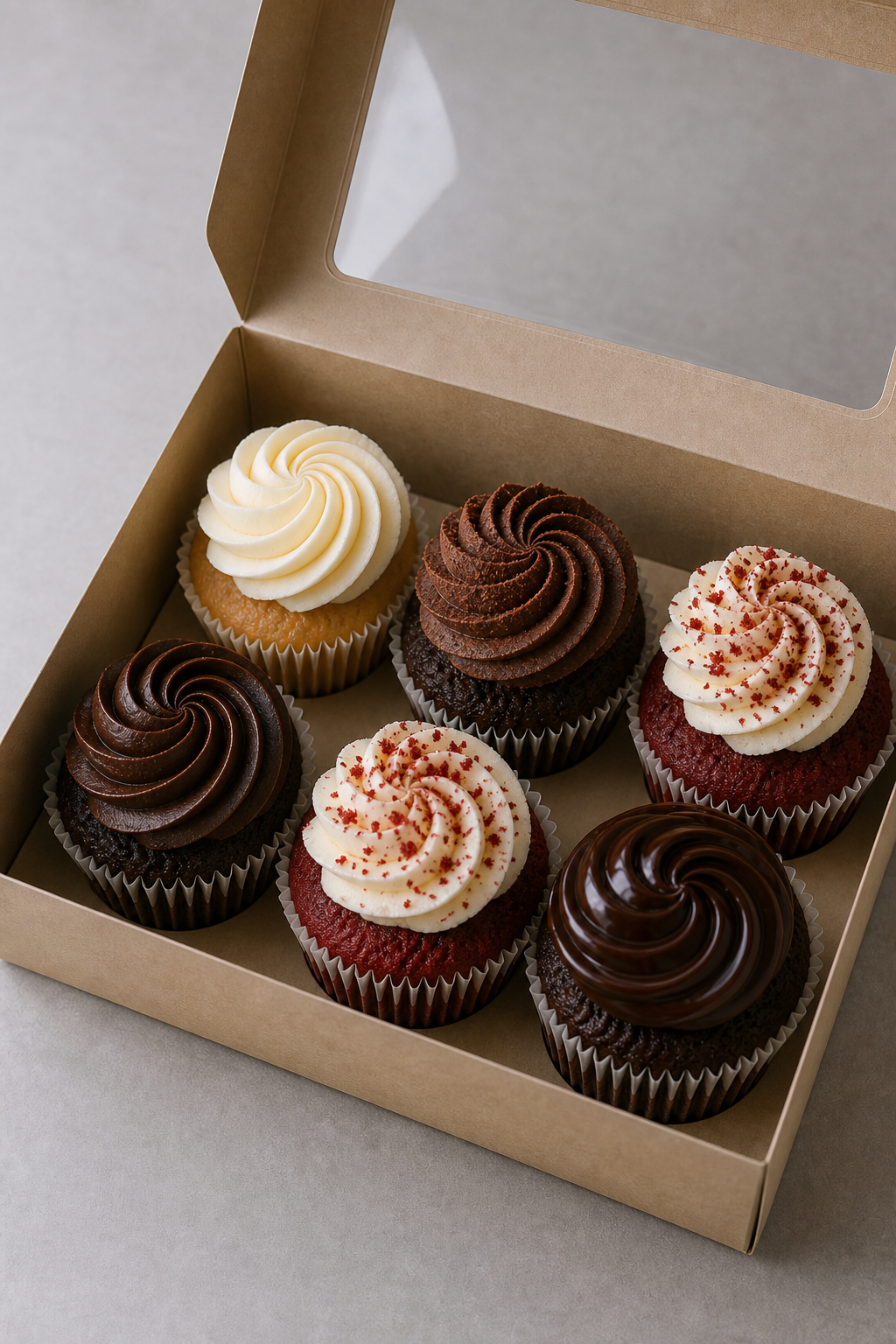 Kraft gift box with a clear window lid holding six assorted cupcakes including vivid red velvet, vanilla, chocolate and ganache buttercream swirls