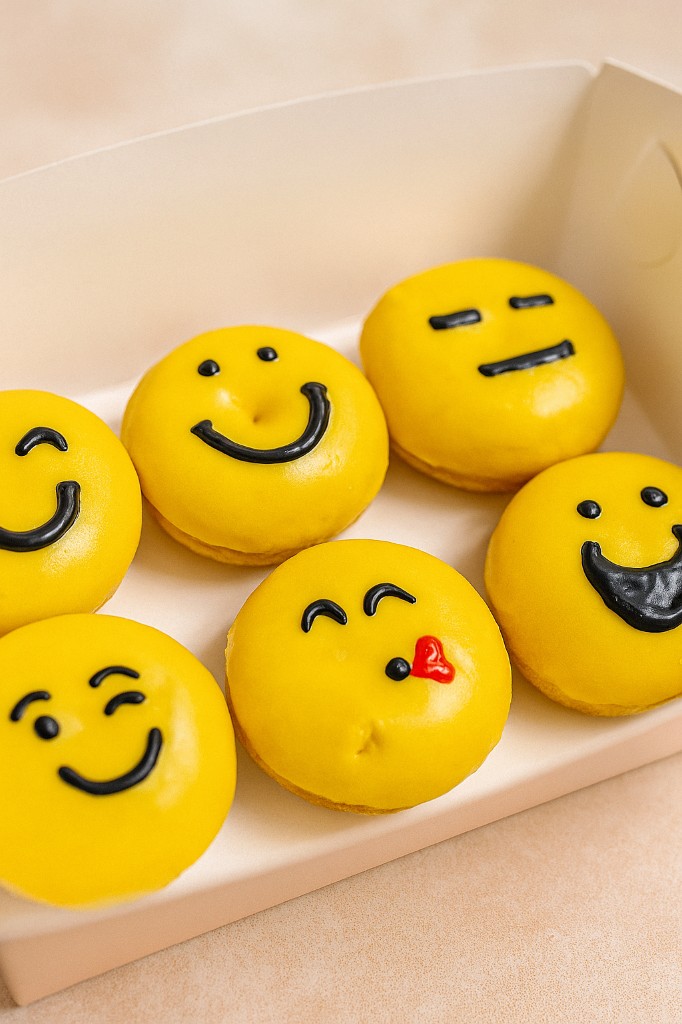 Custom themed smiley donuts in a gift box of six