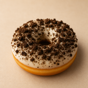Ring donut with white icing topped with crushed chocolate cookie crumbs on a beige background
