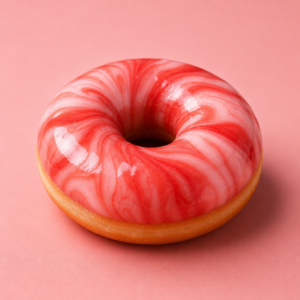 Eggless donut with marbled red and white strawberry swirl glaze
