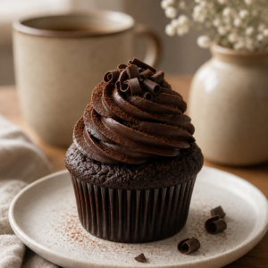 Double chocolate cupcake topped with a swirl of dark chocolate ganache buttercream and chocolate curls