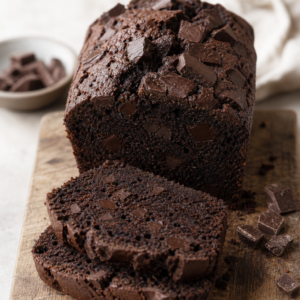Double chocolate loaf tea cake studded with dark chocolate chunks, sliced, on a wooden board