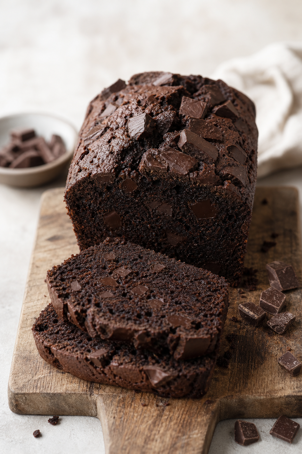 Double chocolate loaf tea cake studded with dark chocolate chunks, sliced, on a wooden board