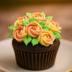 Chocolate cupcake topped with hand-piped peach and cream buttercream roses and green leaves