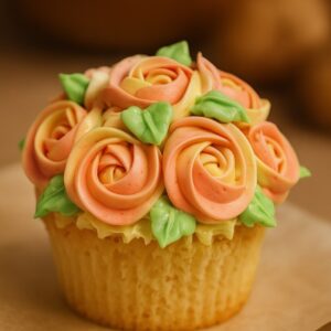 Vanilla cupcake topped with hand-piped peach and cream buttercream roses and green leaves