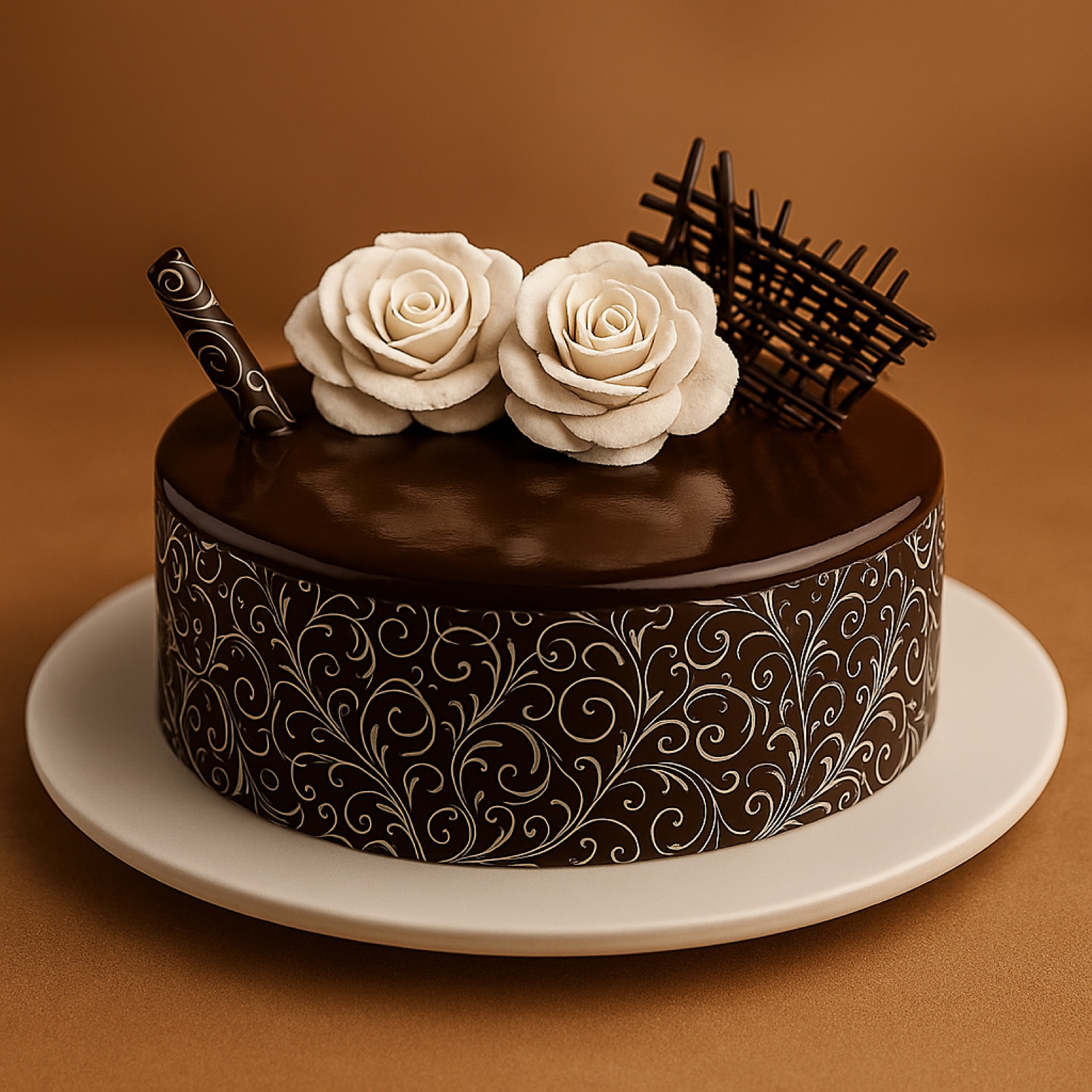 Glazed chocolate celebration cake finished by hand with sugar roses