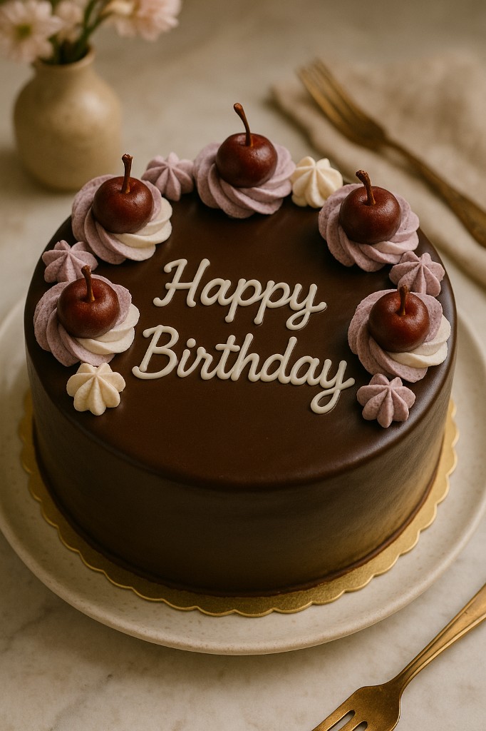 Chocolate birthday cake with cherries