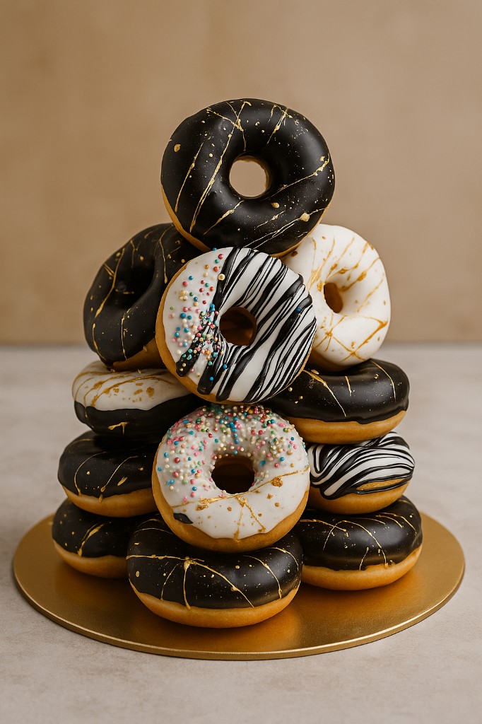 Gourmet donut stack with gold and marble glaze