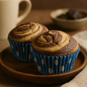 Chocolate and vanilla marble swirl muffins in blue polka-dot cases on a wooden plate