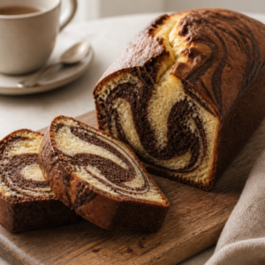 Marble loaf tea cake with vanilla and chocolate swirl crumb, sliced, on a wooden board