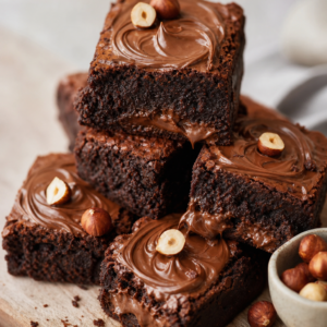 Stack of fudgy chocolate brownies topped with chocolate hazelnut swirl and hazelnuts on a wooden board