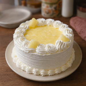 Eggless pineapple cream cake with whipped cream rosettes and pineapple