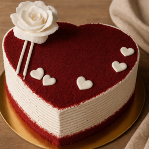 Heart-shaped red velvet cake with cream sides, white sugar rose and small fondant hearts on a gold board