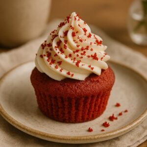 Red velvet cupcake topped with a swirl of cream cheese frosting and red velvet crumbs