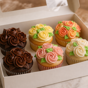 Signature cupcake gift box with assorted floral rosette cupcakes in subtle pastels and chocolate
