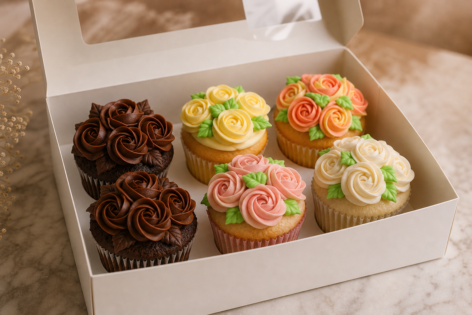 Signature cupcake gift box with assorted rosette-frosted cupcakes in subtle pastels and chocolate