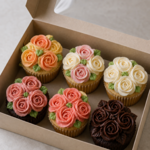 Kraft gift box with a clear window lid holding six cupcakes topped with assorted hand-piped buttercream roses in peach, pink, cream, coral and chocolate