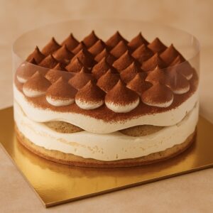 Tiramisu cake with piped mascarpone peaks dusted in cocoa, layered sponge, on a gold cake board
