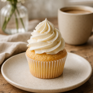 Vanilla cupcake topped with a swirl of ivory vanilla buttercream on a cream plate