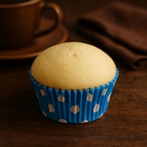 Plain domed vanilla muffin in a blue polka-dot case on a wooden table