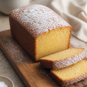 Vanilla loaf tea cake with soft golden crumb, sliced, on a wooden board