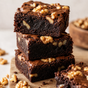 Stack of fudgy walnut chocolate brownies topped with toasted walnuts on a wooden board
